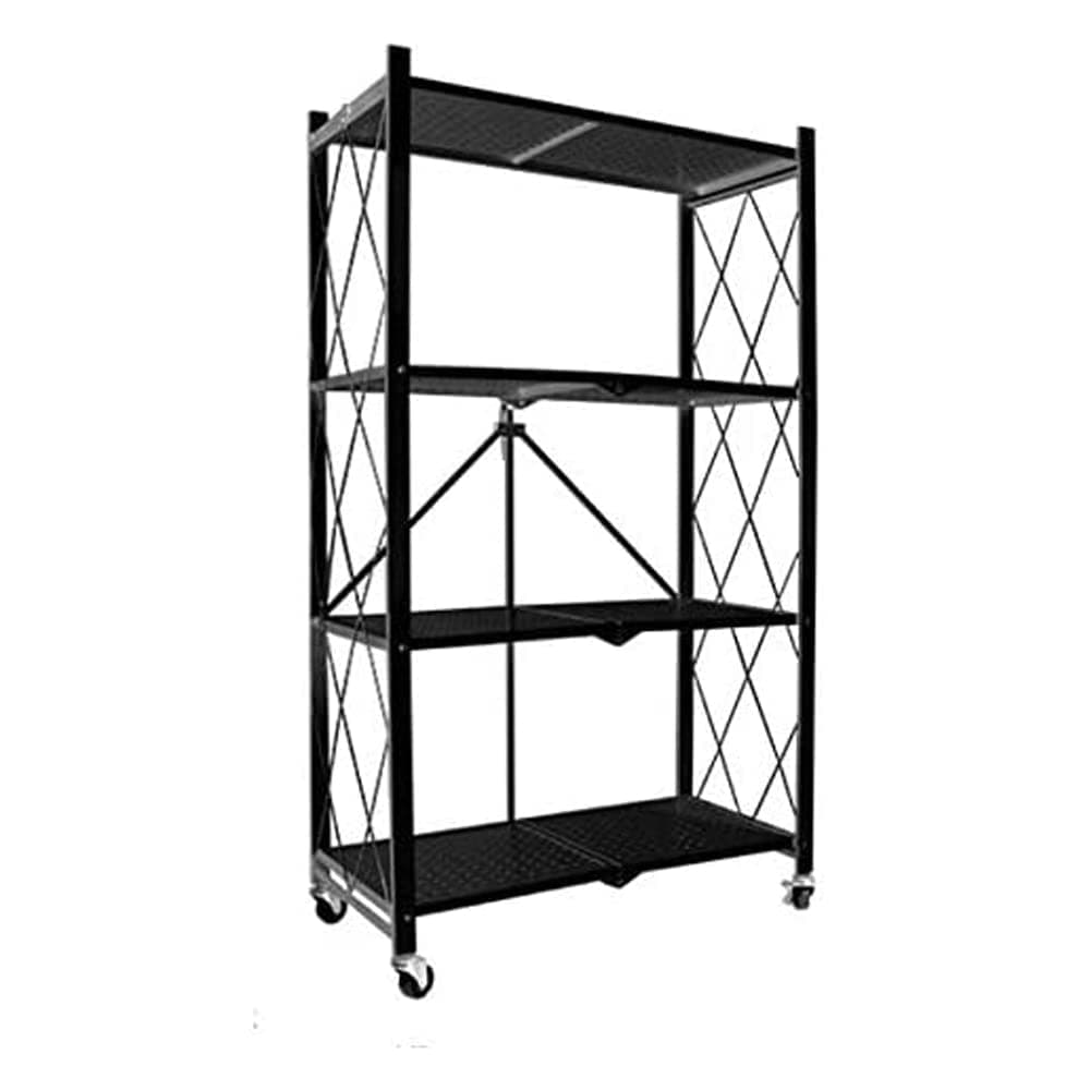 Showay Multi-Shelf Foldable Storage Shelves For Garage Kitchen Home Closet, Metal Wire, Collapsible Organizer Rack On 4'' Wheel Casters, Metal Organizer Wire Rack, Black/White (4-Shelf(Black))