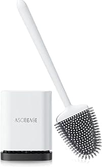 ASOBEAGE Silicone Toilet Brush: Flexible Head, Long Handle, Wall-mounted, Quick-drying Holder for Bathroom Clean (White)