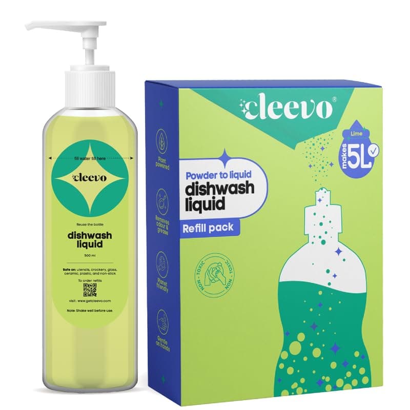 Cleevo Liquid Dishwash Gel - 5 Litre Bottle Pack | Plant-Based Organic Dish Wash for Oil Stains & Burnt Residues | Dish washing Liquid | Pet-Friendly & Child-Safe Natural Dishwasher Liquid (Lime)
