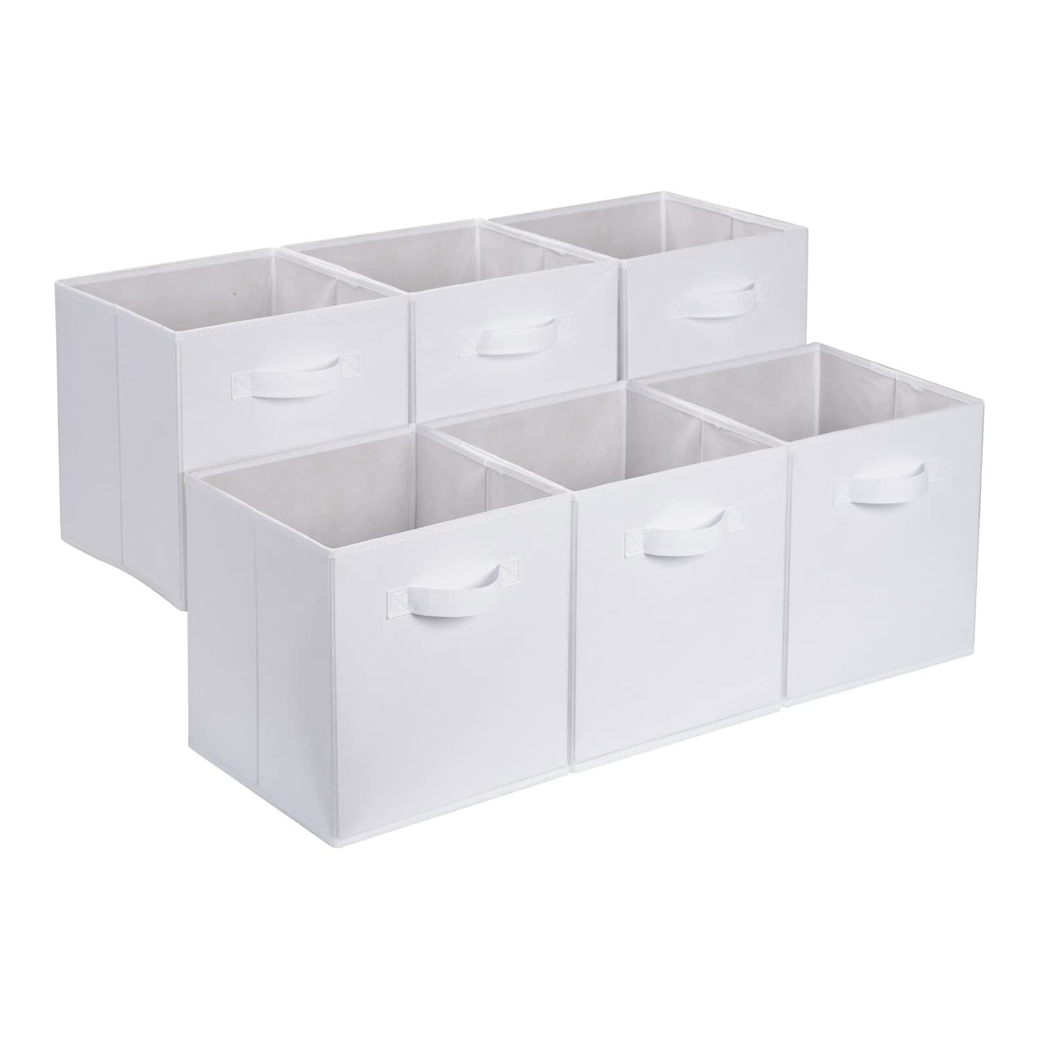Amazon Basics Collapsible Fabric Storage Cube/Organiser with Handles, Pack of 6, Solid White, 26.6 x 26.6 x 27.9 cm