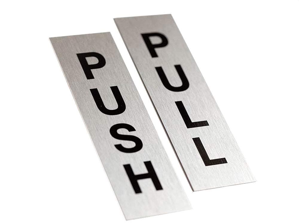 Metal Push Pull Door Signs | 1.5" x 5" Brushed Silver Aluminum, Set of 2 | Push Pull Signs for Interior Doors | 3M Adhesive on Back of Sign | Ready to Hang
