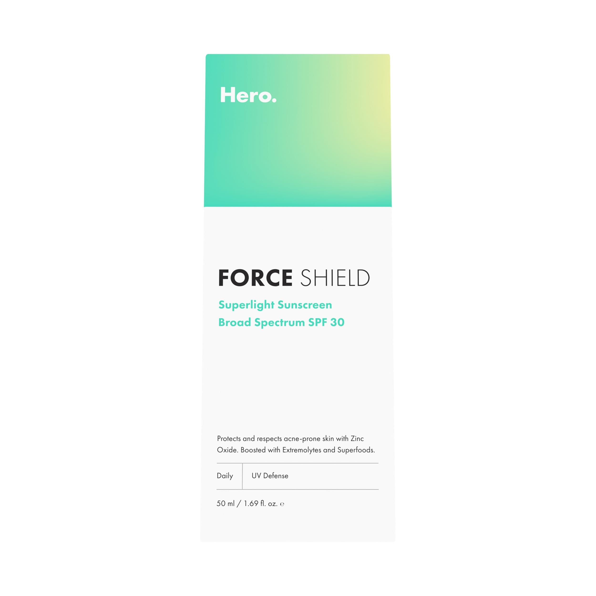 Hero Cosmetics' Force Shield Superlight Sunscreen SPF 30 for Acne-Prone Skin with Zinc Oxide, Green Surge, and Extremolytes, Fragrance-Free and Reef-Safe (50 ml)