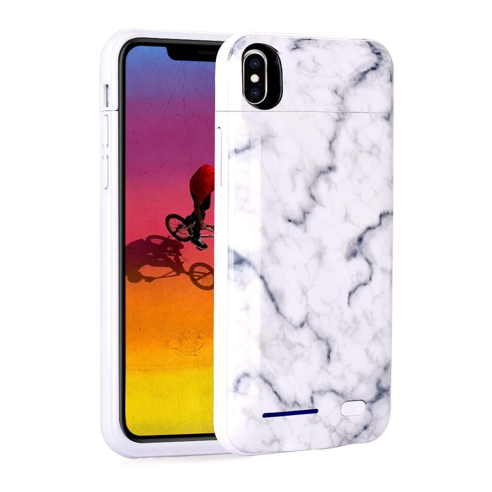 iPhone XS Battery Case, iPhone X Backup Charging Case White Marble Design - 5000mAh Ultra Slim Extended Battery Charger Pack Power Bank - White