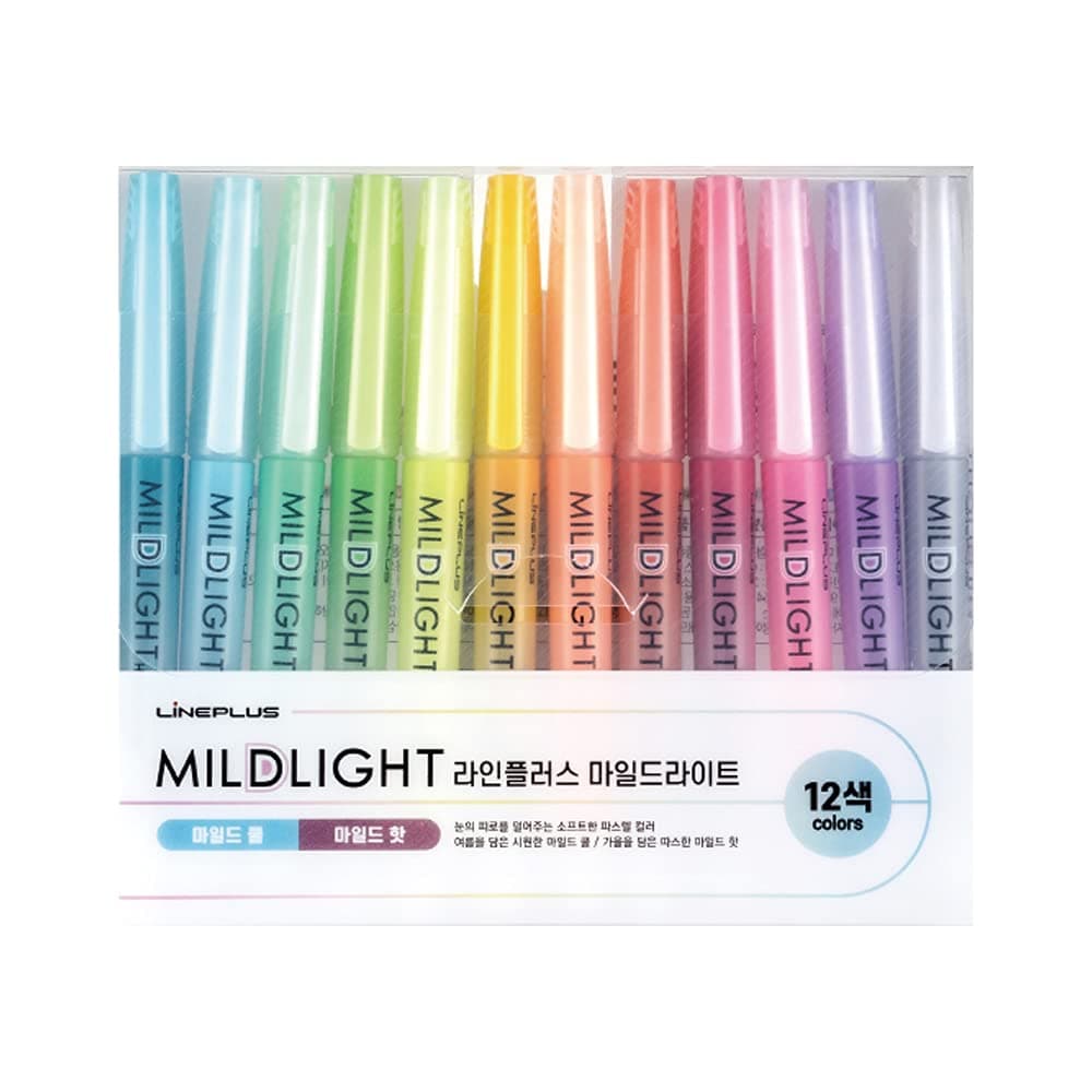 LINEPLUS Mildlight Highlighter Set - Made in Korea | 12 Soft Pastel Colors for Eye-Friendly Highlighting & Note-Taking | Smudge-Free, Quick-Dry Ink | Ideal for Journaling, Study & Office Use