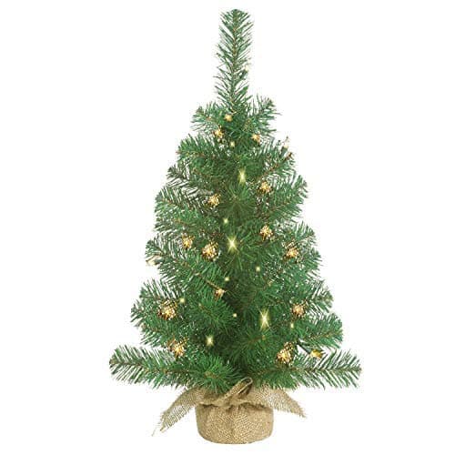 Lighted Christmas Pine Tree 23 Inches High with Battery Operated Timer and Warm White LED Lights - Burlap Wrapped Base- Artificial Pre-Lit Christmas Pine Tree - Indoor / Outdoor - Steady and Flashing