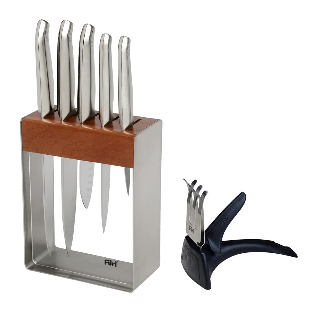 Furi Pro Stainless Steel Knife Block Set 7 pc, Block with Five Premium Knives and Sharpener for a Superior Cutting Performance, Stainless Steel Blades, Ergonomic Reverse-Wedge, Anti-Fatigue Handle