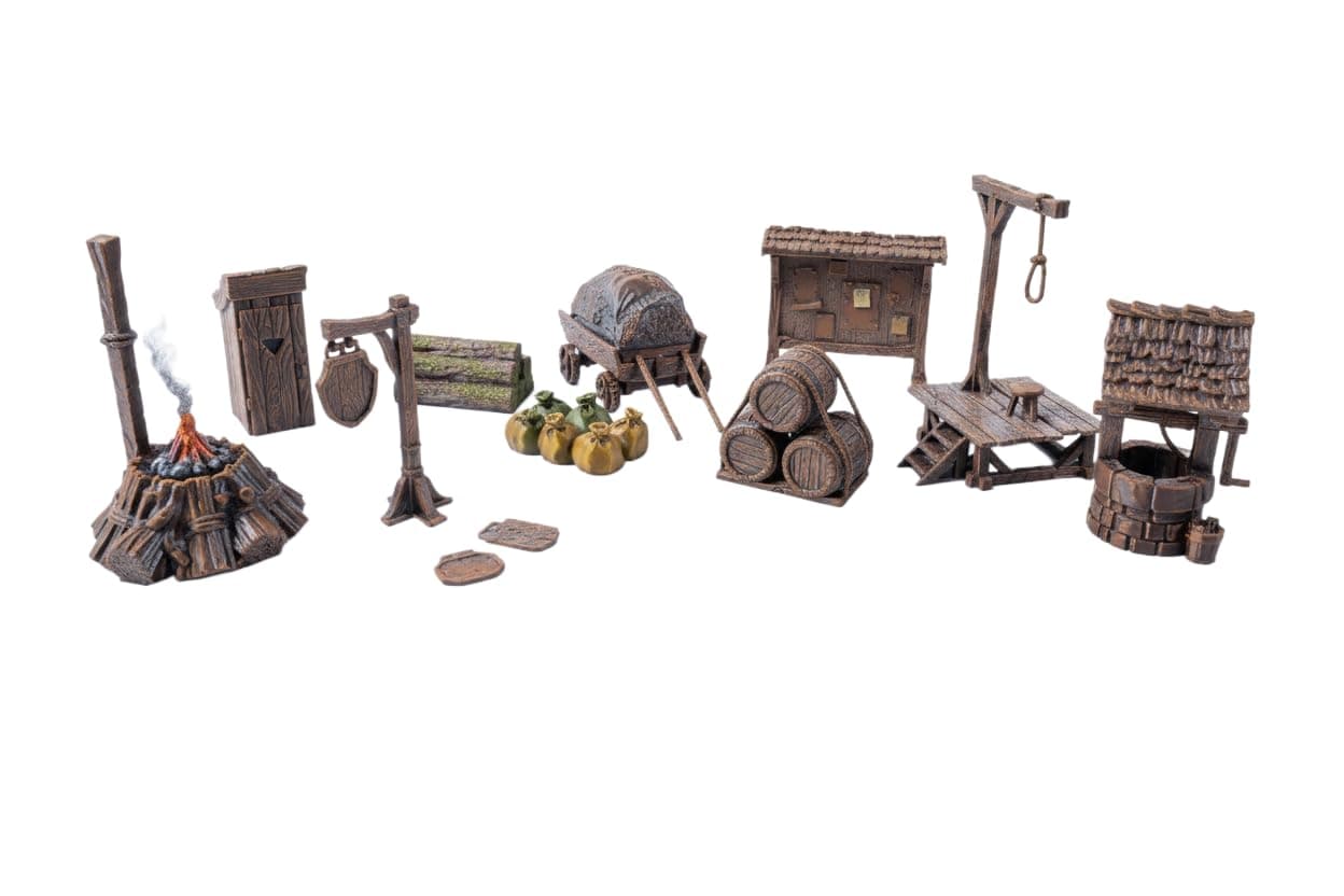 City Items Set – Comprehensive Terrain Accessories for Tabletop RPGs, Dungeons & Dragons, Warhammer – Includes Well, Toilet, Signs, Gallows, Newsboard, Cart, Wooden Stake – Unpainted
