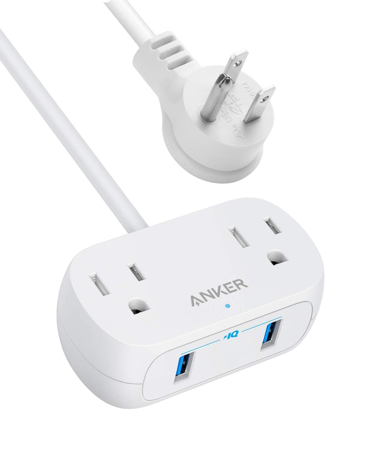 Anker Power Strip With Usb Powerextend Usb 2 Mini, 2 Outlets, And 2 Usb Ports, Flat Plug, 5 Ft Extension Cord Cable, Safety System For Travel, Desk, And Home Office, 240 Volts, White