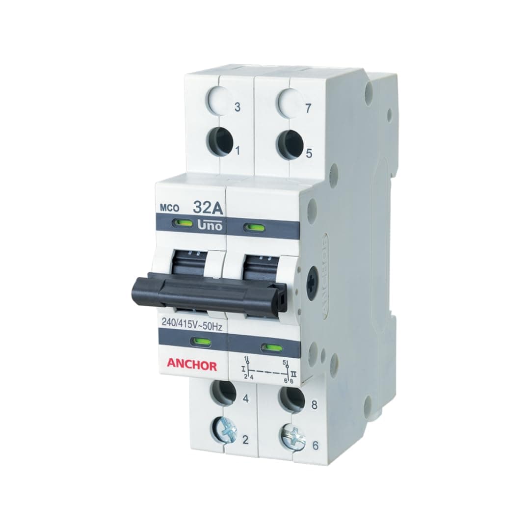 by Panasonic UNO Series 32 Amp Dual Pole MCB | 2 Pole C Curve MCB | 32A Change Over Switch Circuit Breaker (White, 98082)