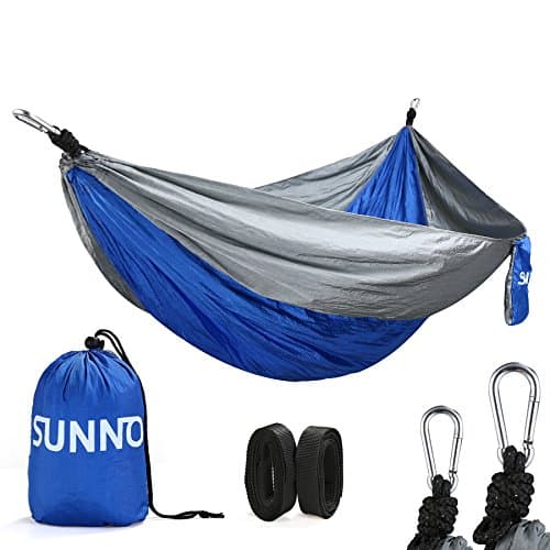 Double Camping Hammock. Ripstop Nylon & Durable Stitching 500lbs Weight Capacity Safe Belt Straps - Lightweight, Portable & Folding - For Patio, Beach, Garden Use & Outdoor Recreation (Bule/Gray)
