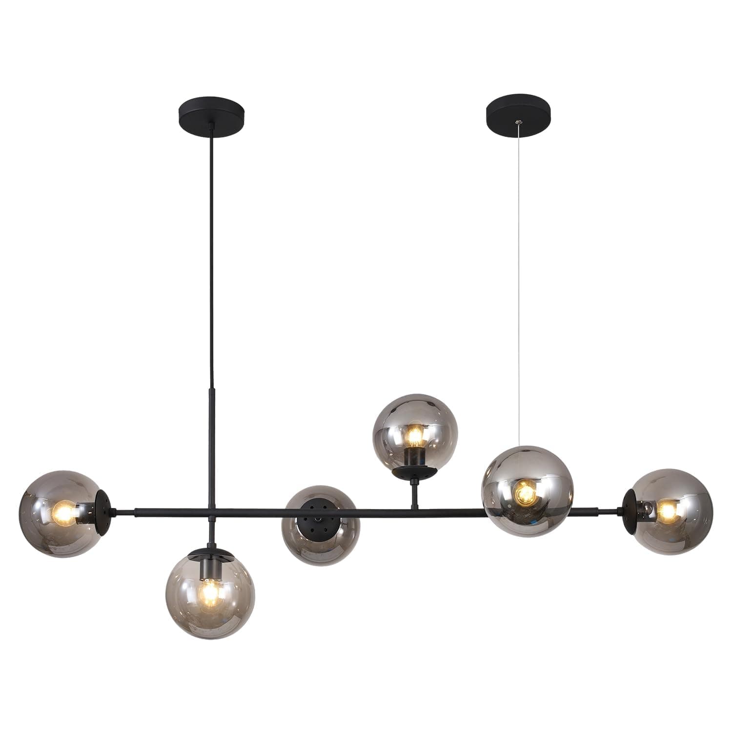 Lighting 6-Light Mid Century Modern Rectangle Sputnik Chandelier Black Farmhouse Linear Chandelier Glass Globe Pendant Light Vintage Kitchen Island Lighting (Black+Smoke Gray)