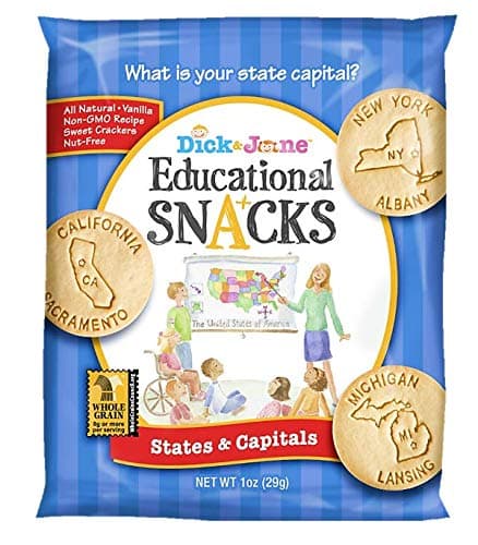 Dick and Jane Educational Healthy Snacks for Kids | Fun Learning Resources Baked Into Healthy Crackers | Whole Grain Sweet Crackers with All Natural Ingredients (States and Capitals, 30 Bags)