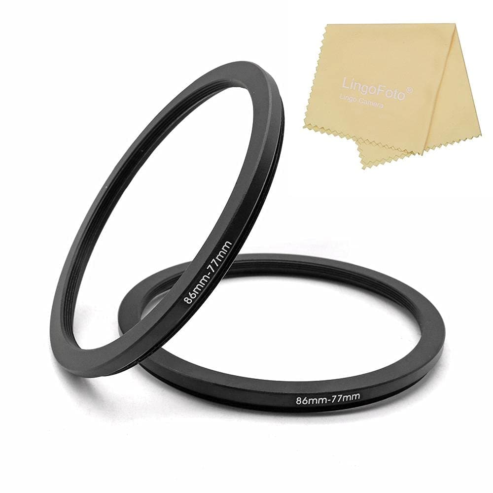 86-77mm Metal Step-Down Adapter Ring, 86mm Lens to 77mm Filter Size Accessories, 2 Pieces Black Lens Filter Adapter Ring with Lens Cleaning Cloth, LingoFoto