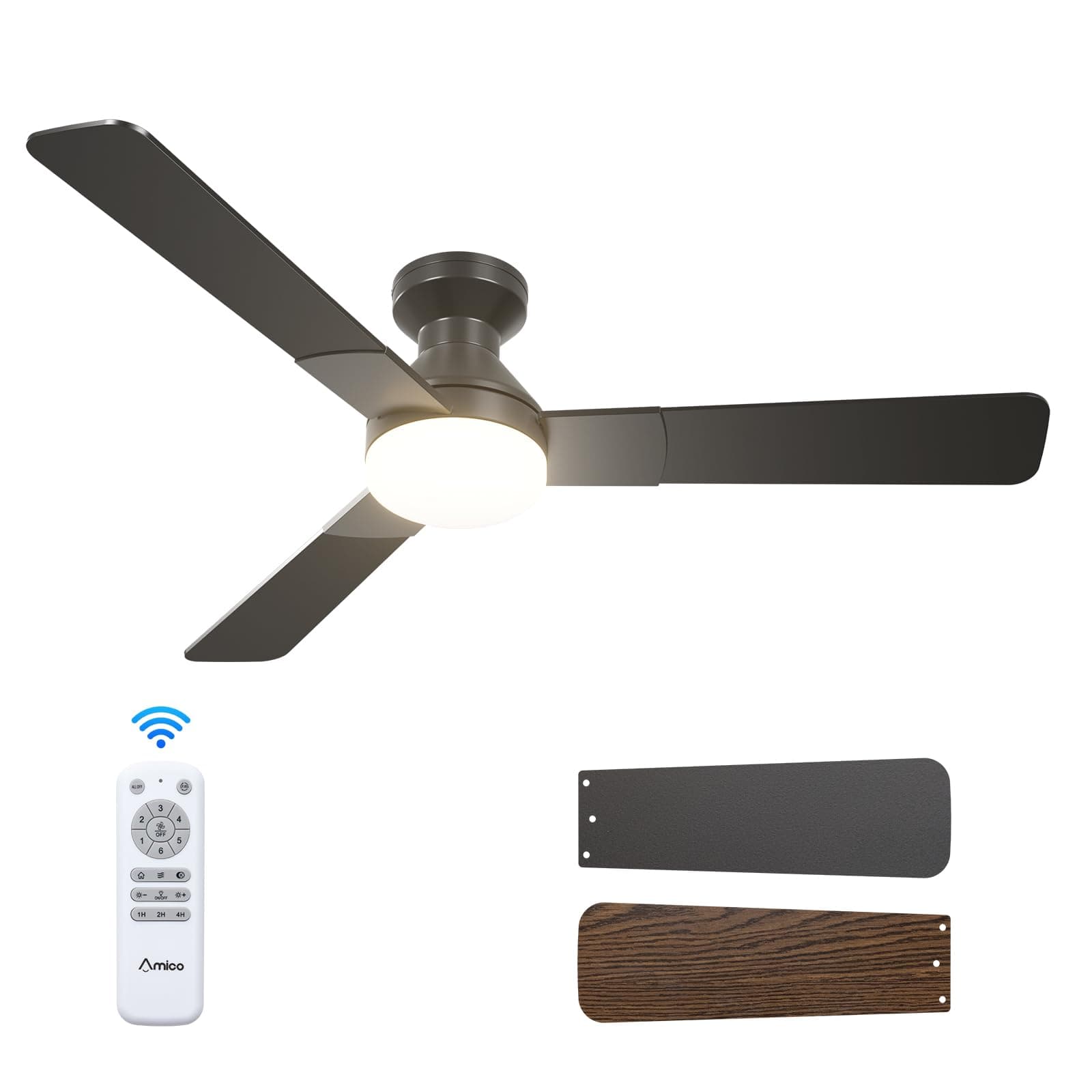 Amico Ceiling Fans with Lights, 52 inch Low Profile Ceiling fan with Light and Remote Control, Flush Mount, Reversible, 3CCT, Dimmable, Noiseless, Black Ceiling Fan for Bedroom, Indoor/Outdoor Use