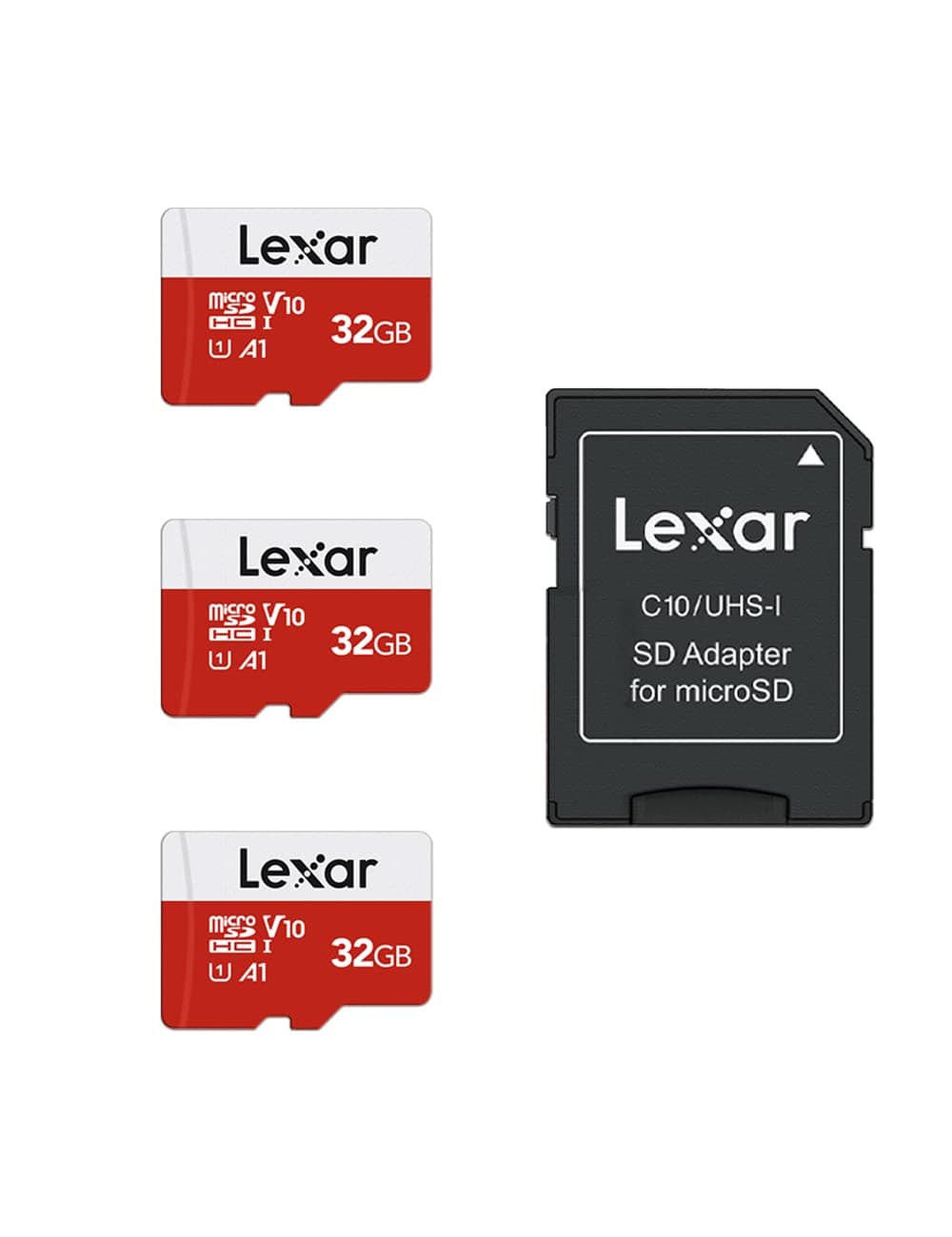 - Lexar 32GB Micro SD Card 3 Pack, microSDHC UHS-I Flash Memory Card with Adapter - Up to 100MB/s, U1, Class10, V10, A1, High Speed TF Card (3 microSD Cards + 1 Adapter)
