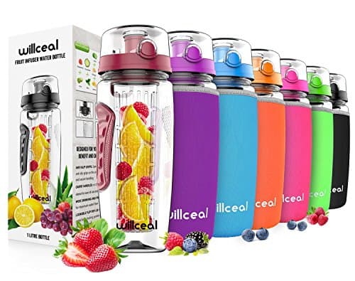 Fruit Infuser Water Bottle 32oz Willceal- Durable, Large - BPA Free Tritan, Flip Lid, Leak Proof Design - Sports, Camping (Dull Red)