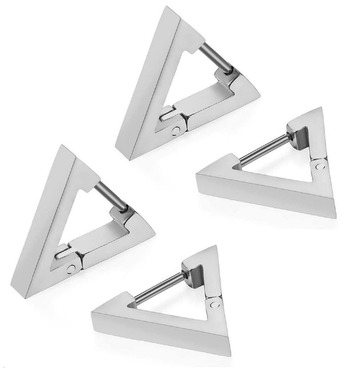 Utkarsh(2 Pair) Silver Color Trendy Triangle Shaped Punk Rock Push-Back Ear Plug Buckle Press Screw Pierced Style Clip On Metal Barbell Huggie Earring Hoop Bali Stud For Men And Women