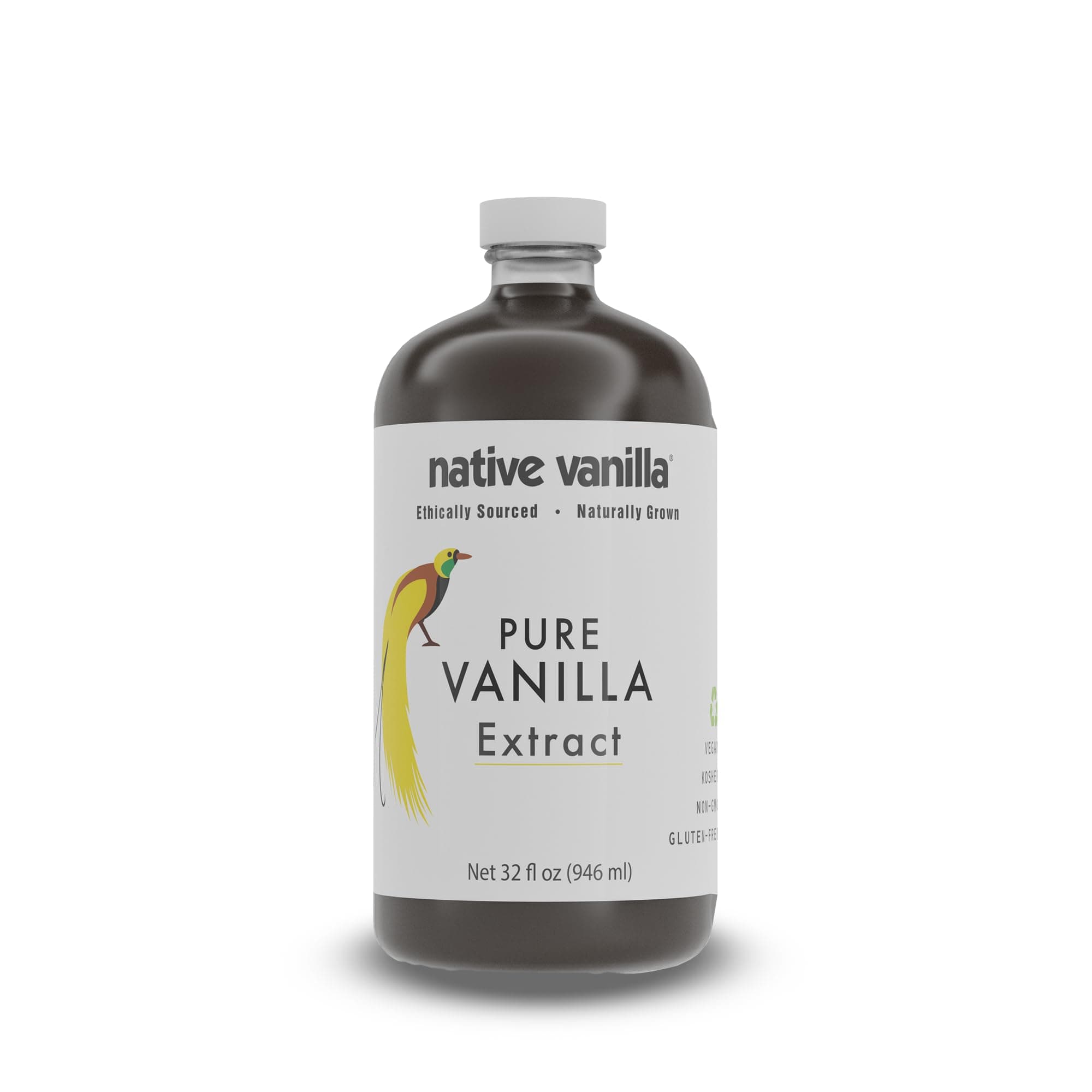 32 oz Pure Vanilla Extract - 100% Real Vanilla Extract - For Cooking, Drinks & Desserts - 100% Vegan, Sugar Free & Kosher - Non-GMO & Gluten-Free - Native Vanilla