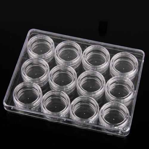 12 Pcs Clear Transparent Storage Bottle Plastic Empty Pot Powder Container Box with Carry Case for Nail Art Gems Bead Rhinestone