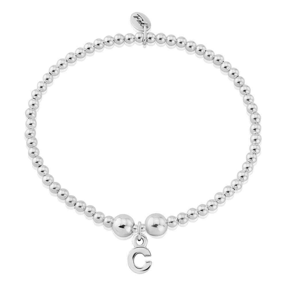 TRINKInitial 'C' Letter Charm Sterling Silver Beaded Bracelet