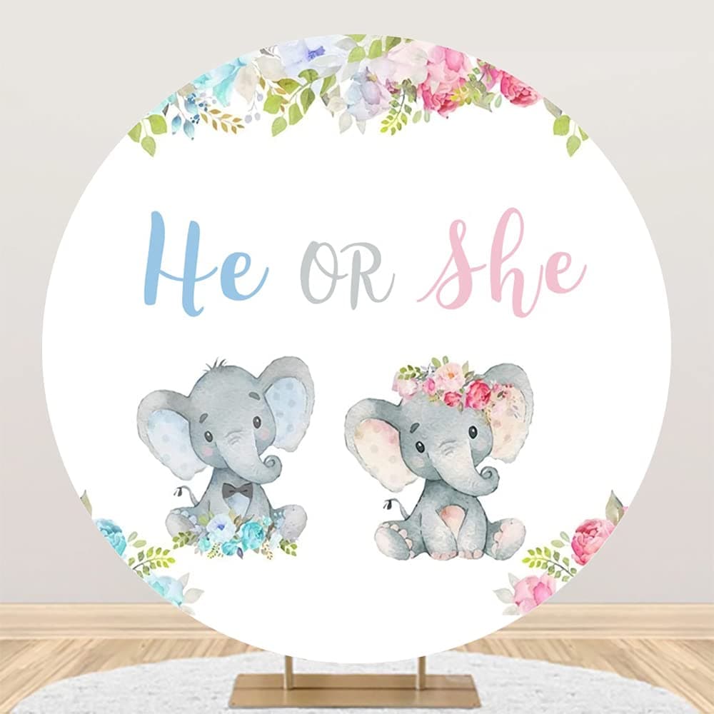 YeeleGender Reveal Backdrop, 5x5ft Round Backdrop Cute Elephant Backdrop Pink Or Blue He Or She What Will Be Princess Prince Gender Reveal Party Table Banner Photo Booth Shoot Props