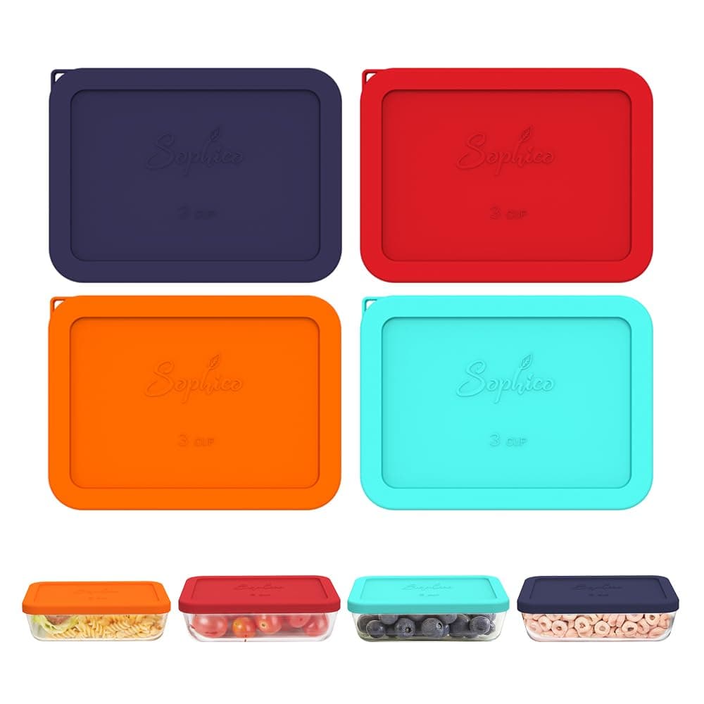 Sophico 3 Cup Rectangle Silicone Storage Cover Lids Replacement for Pyrex 7210-PC Glass Bowls,Container not Included (MIX, 4pack)