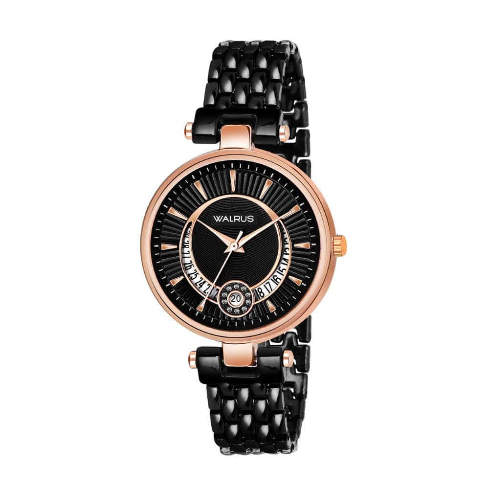 WalrusBlack Dial Analog Day & Date Function Metal Chain Wrist Watch for Women - WWTW-INC-X-020217D
