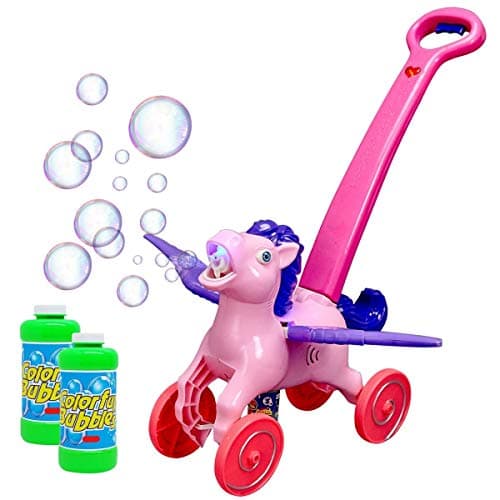 Automatic Bubble Machine Toy For Kids - Horse Walker Blows Bubbles Out Of Mouth, Plays Music And Lights Up As You Push It – 2 Bubble Solution Bottles Included - Bubble Blower by MotoWorx
