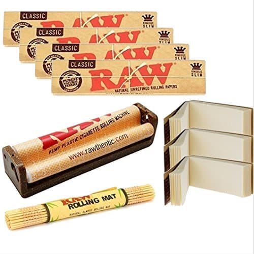 OUTONTRIP Combo Includes: 4 Packs of RAW Classic King Size Slim Rolling Paper set, 3 RAW wide perforated Tips, RAW 110MM Roller and Raw bamboo rolling matt- Brown