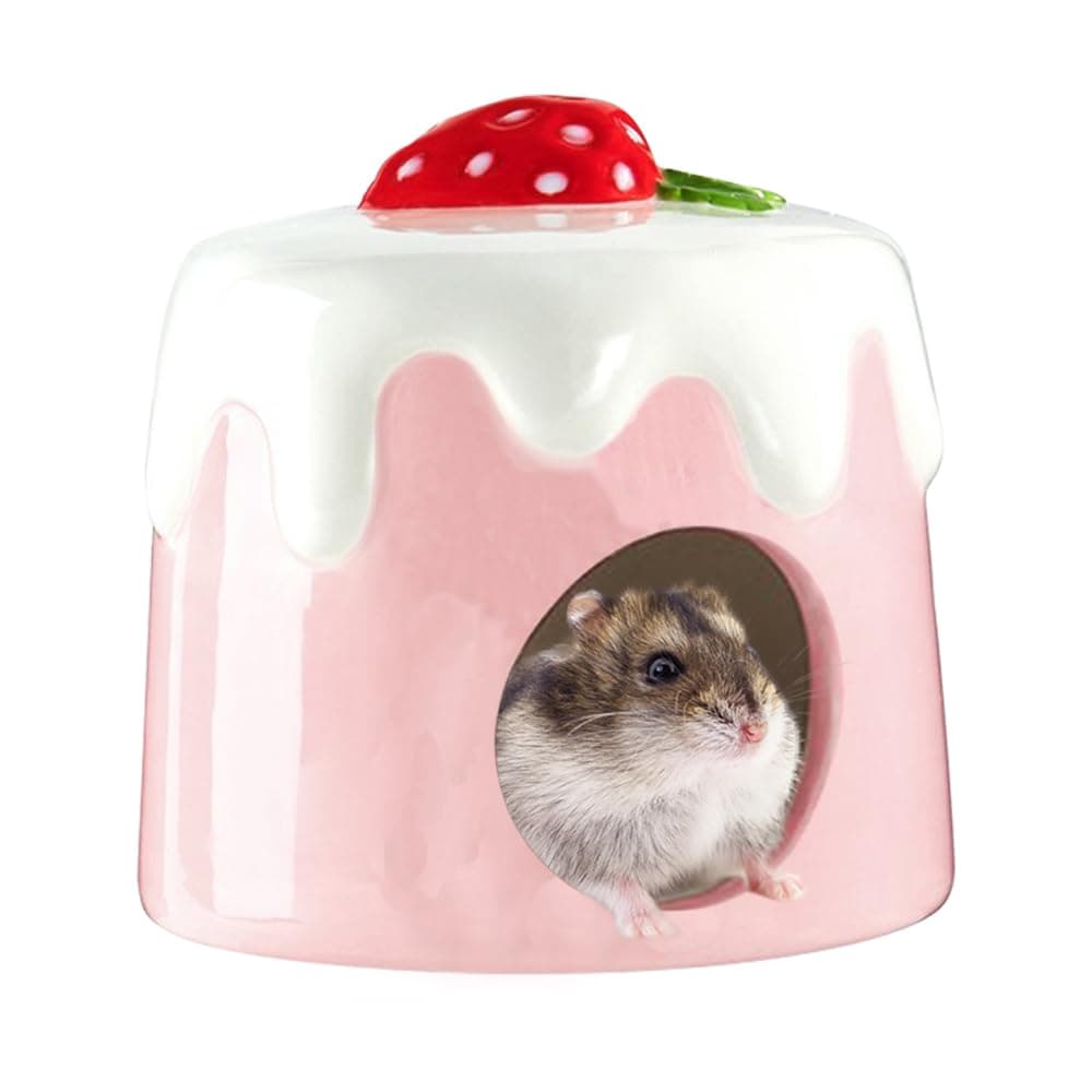 NeoStyle Extra Large Ceramic Hamster Hideout, Summer Cooling Habitat Cold Bed, Anti-Bite Hideaway House Cave for Mice (Pink Cake)