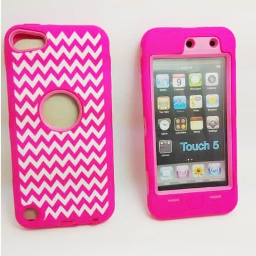 DELUXE Wave Pattern Hybrid Rubber Silicone Cover Case For iPod Touch 5 5th 5G, Wavy Line Print Hard Soft High Impact Hybrid Armor Case Combo for iPod Touch 5 5th Generation, Hybrid 3 PIECE Body Armor PROTECT CASE COVER SKIN FOR IPOD TOUCH 5 5TH. (Pink+Pink)