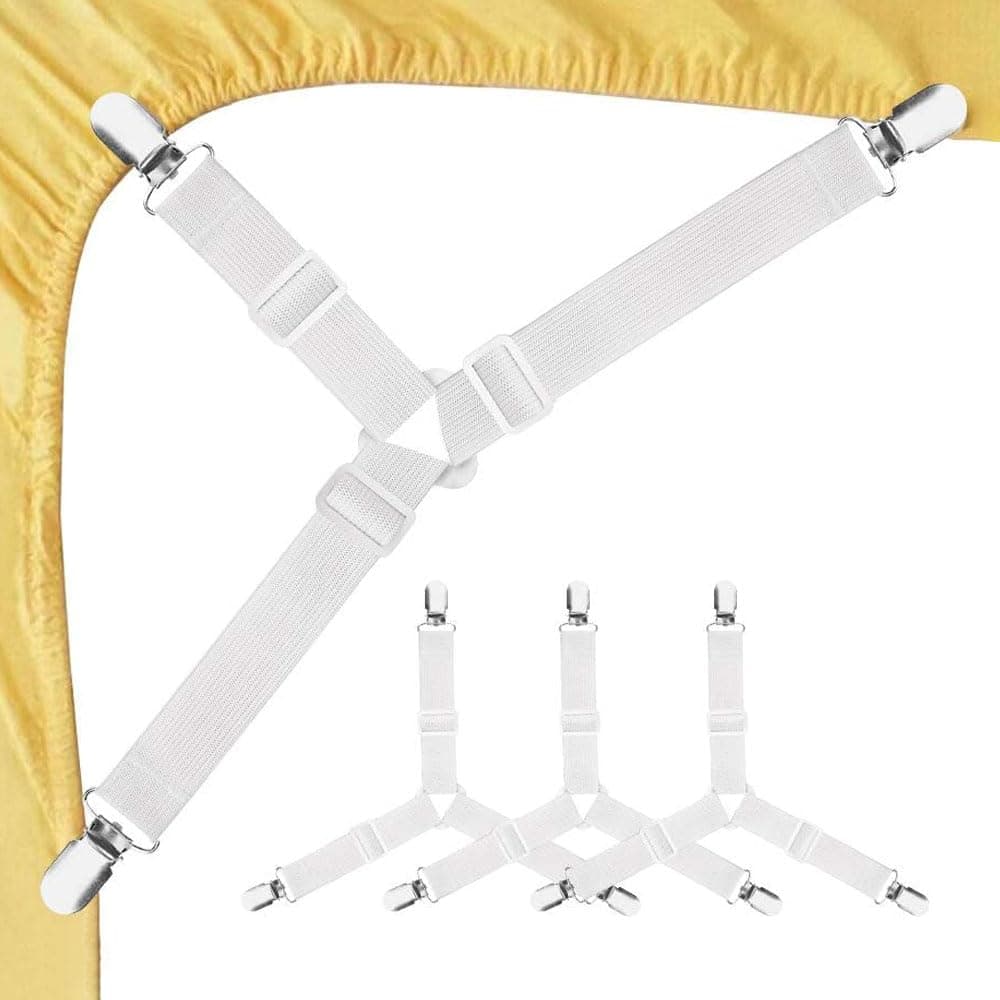 4PCS Bed Sheet Straps, Adjustable Elastic Fasteners with Metal Clips, Triangle Sheet Fasteners, Fitted Bed Sheet Holders for Bed, Mattress Cover, Fitted Bed Sheets, Sofa Cushion White