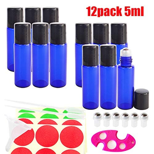 GreatforU 12Pack 5ml Blue Empty Glass Roll-on Bottles w/ Stainless Steel Balls for Essential Oil Perfume with free 0.5ml Dropper, Mini Funnel, Bottle Key Opener, Extra 6 Roller Balls, 24 Pieces Labels