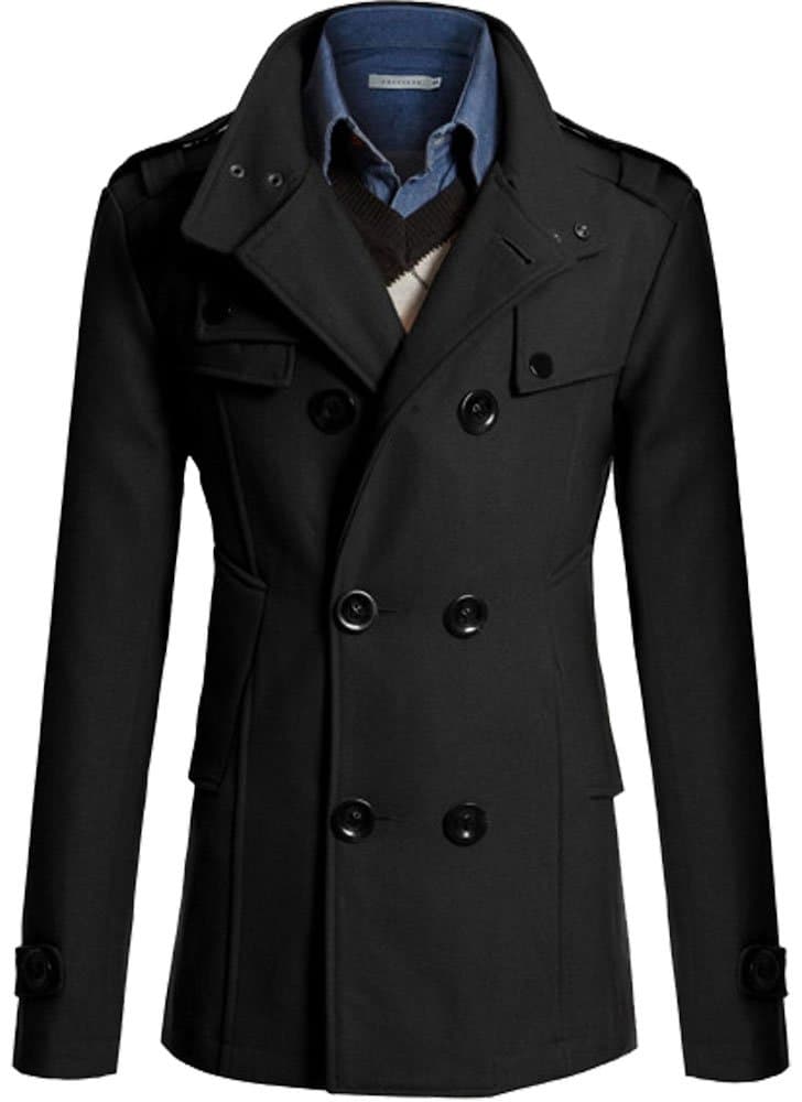 Mens Wool Slim Double Breasted Half Trench Coat (Large/US Medium, Black)