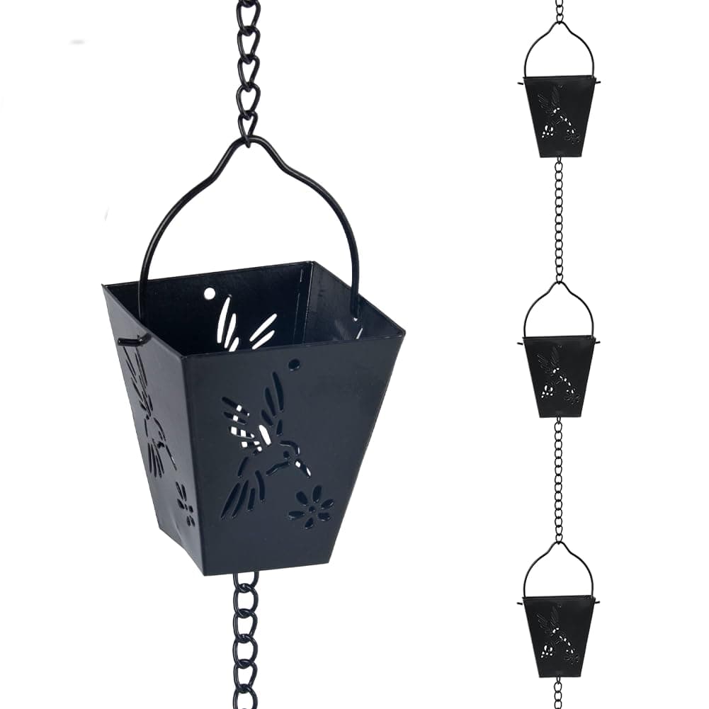 10.92 FT Black Rain Chain, Square Rain Chain for Outside with 12 Cups Adjustable Metal Chain Rain Catcher Chain for Gutters, Eaves, Drainage, Replacement for Downpout