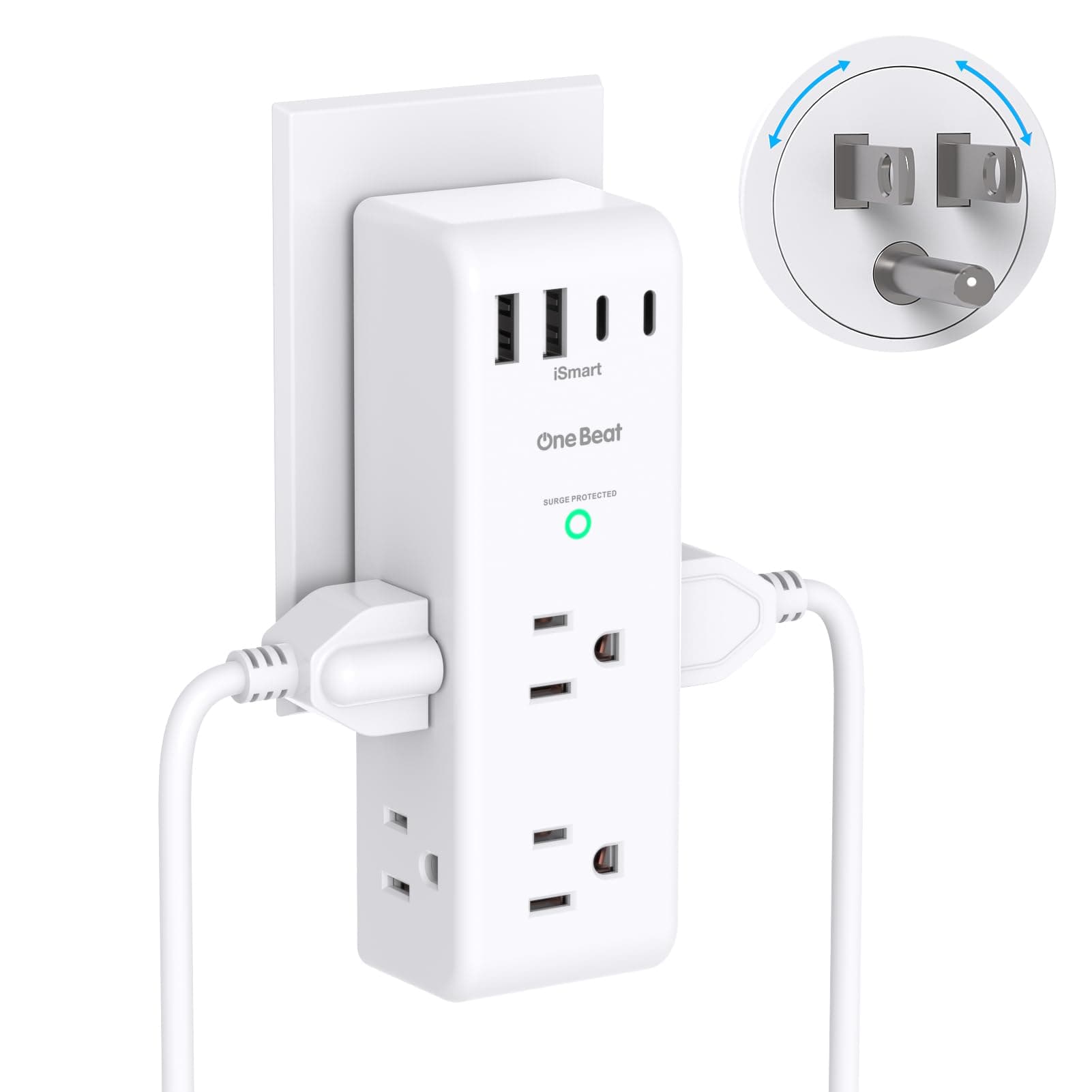 Surge Protector Outlet Extender - with Rotating Plug, 6 AC Multi Plug Outlet with 4 USB Ports (2 USB C), 1800J Wall Charger, 3-Sided Power Strip with Spaced Outlet Splitter for Home, Office, Travel