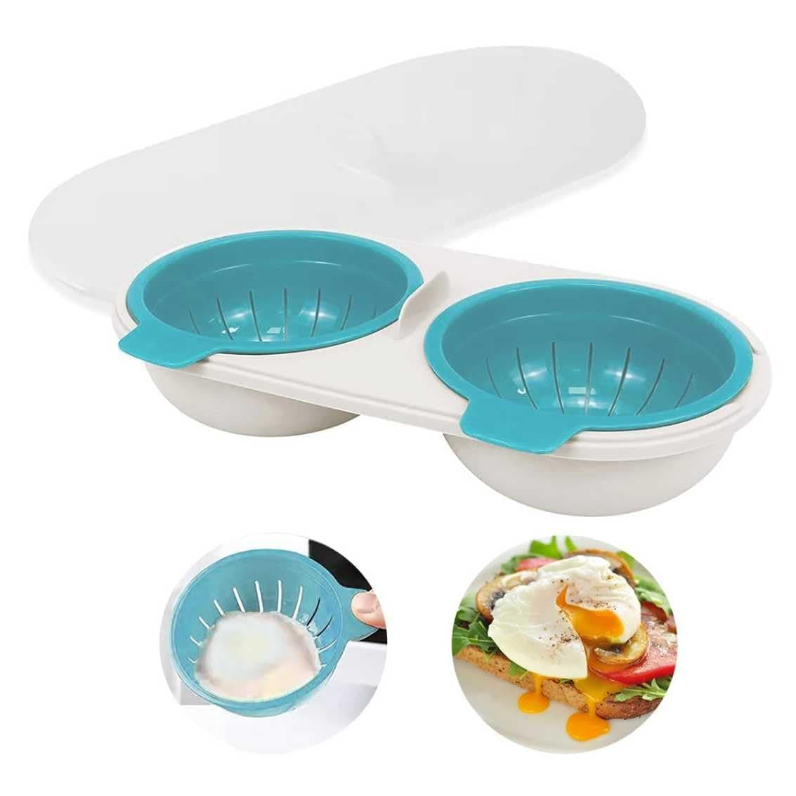 Microwave Egg Poachers Portable Egg Cooker For Microwave Practical And Convenient Double Poacher Cup For Ovens Breakfast Cooking Kitchen Steamed Poached Egg Gadget Gifts For Your Family (Blue)