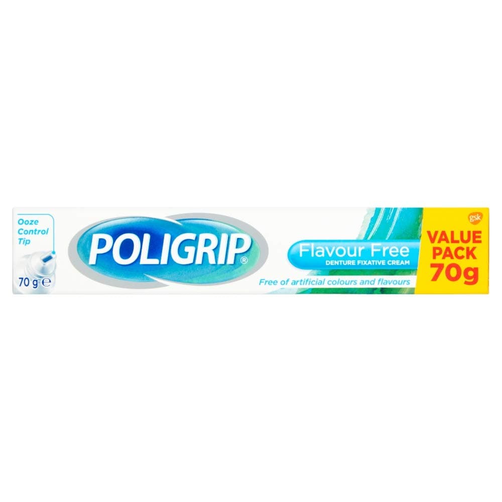 'Poligrip Denture Adhesive, Fixative Cream to Secure Dentures, False Teeth & Partials, Flavour Free, 70 g
