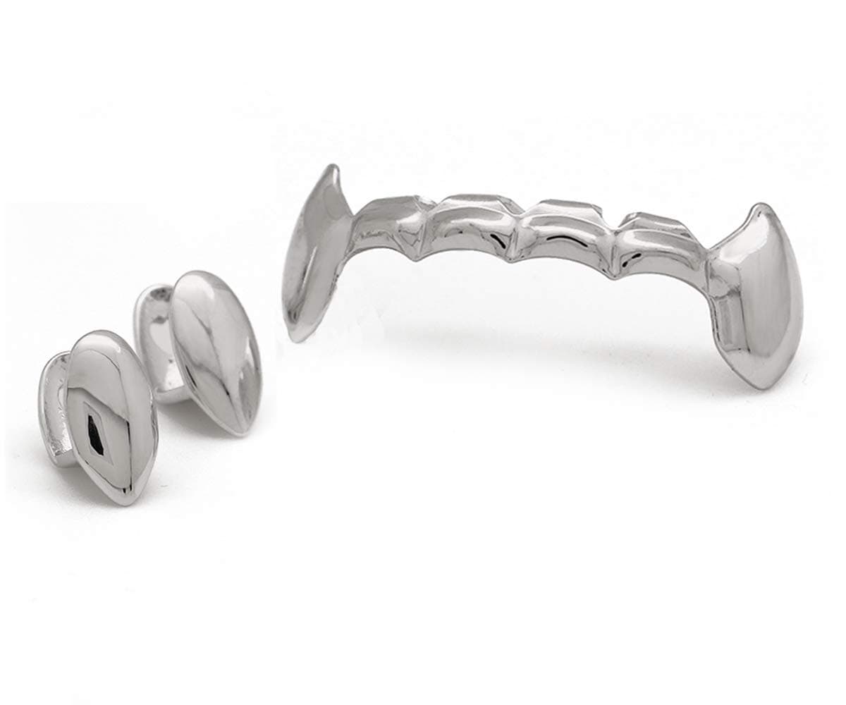 14k Gold Vampire Dracula Teeth Grillz 2pc Single Fangs and 6 Bottom Grillz Set for Halloween Costume Cosplay