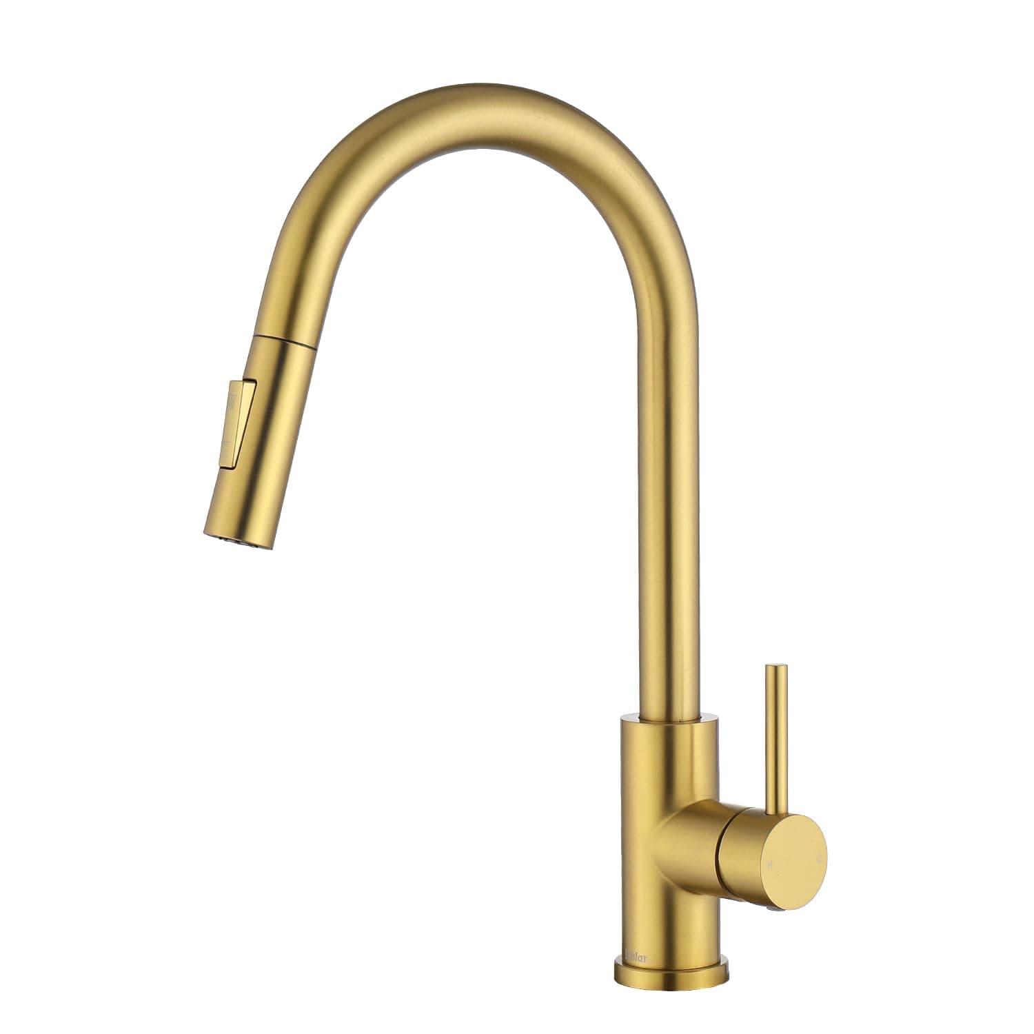 – Gold Kitchen Faucets with Pull-Down Sprayer, Modern Kitchen Sink Faucet Stainless Steel Single Handle Kitchen Faucet with Deck Plate, Brushed Gold