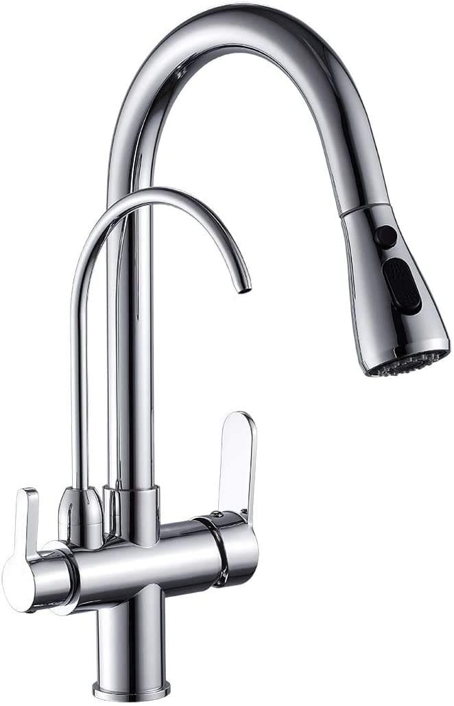 Kitchen faucet pull-down kitchen sink faucet double handle 3 in 1 high arc water filter purifier faucet brushed nickel