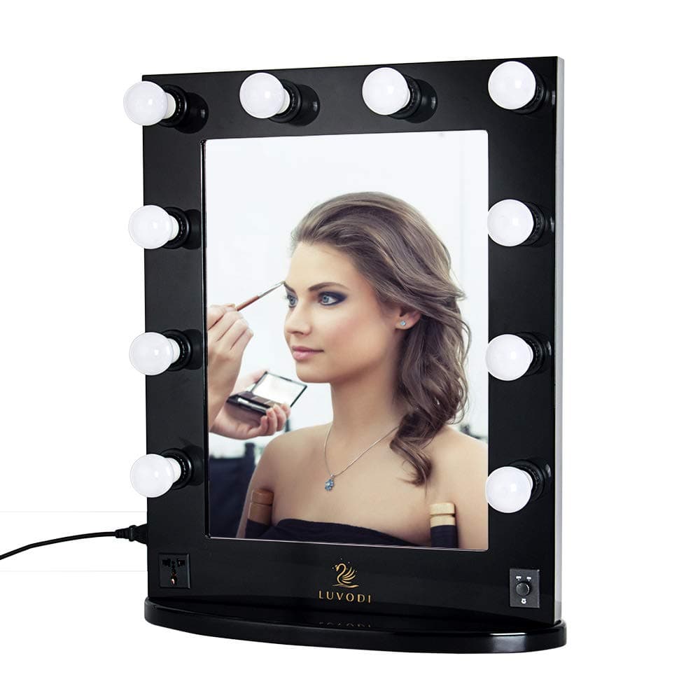 LUVODI Hollywood Vanity Mirror Lighted Makeup Mirror with 10 Dimmable LED Bulbs Lights Wood Frame Tabletop Desktop Wall Mounted Cosmetic Mirror with Removable Base, Black