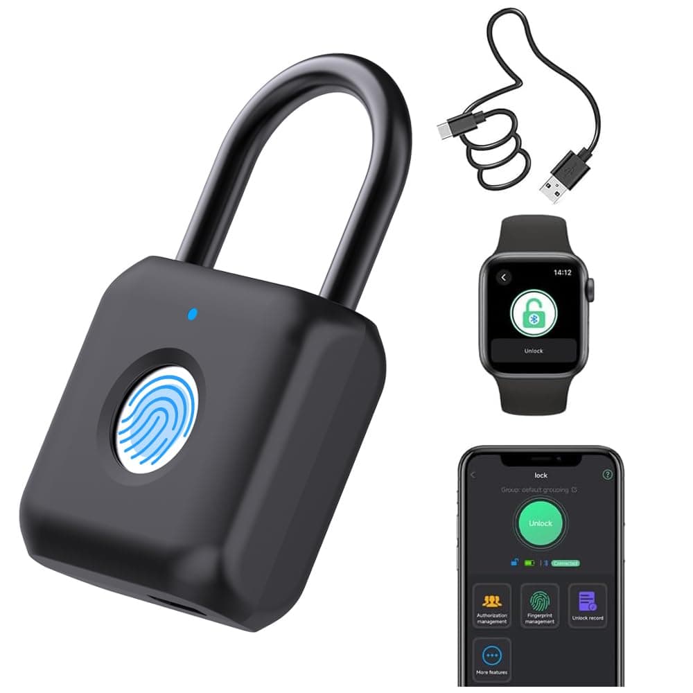Fingerprint Padlock Phone App Locker Lock: Keyless Padlock eLinkSmart Combination Lock - Black Metal iOS Watch Control for Gym School Locker Backpack Suitcase Luggage