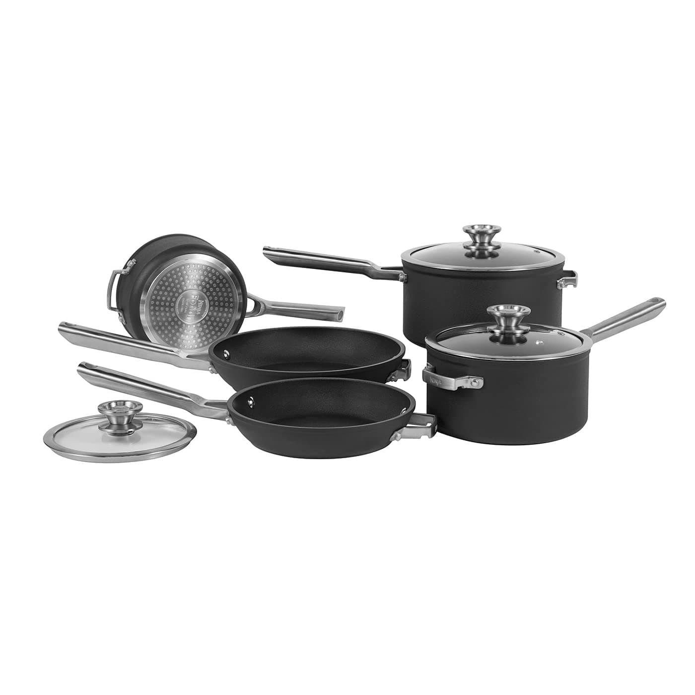 ZEROSTICK Stackable Cookware 5-Piece Pan Set, Non-Stick, 3 Saucepans with Oven-Safe Glass Lids & 2 Frying Pans, Long Lasting Hard Anodised Aluminium, Grey, C55000UK
