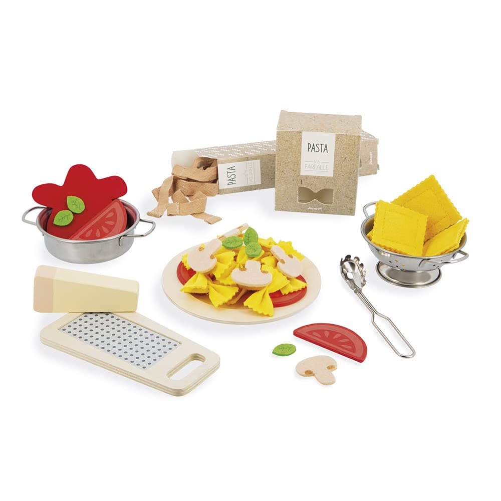 Pasta Mix - Pasta Set - Rolling Toy Kitchen and Dinnerware - 58 Elements Made of Wood, Cardboard and Felt - FSC Certified - Watercolour - from 3 Years, J06598