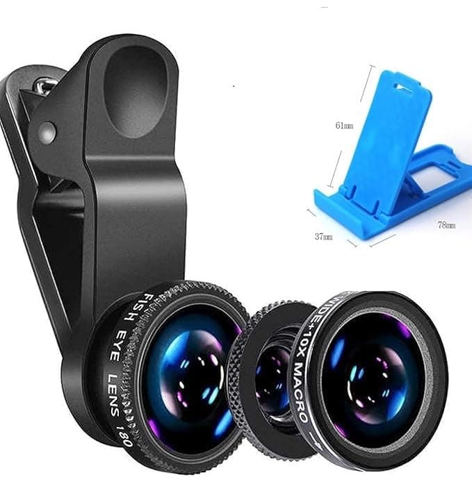 Universal 3 In1 Set with Mobile Stand Professional Hd Camera Lens:180° Fisheye Lens+Wide Angle+ 10X Macro with Bag Clip Holder Kit for All Smart Phones,Tablets,Android (Multi)