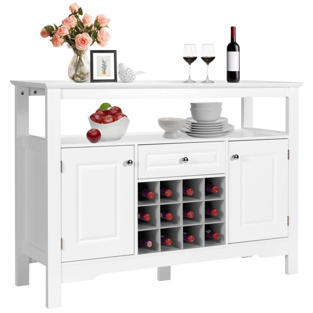 Wooden Storage Cabinet, Freestanding Bar Buffet Sideboard with Wine Rack, Drawer & Shelf, Wine Display Cupboard for Home Kitchen Dining Living Room Entryway (White)
