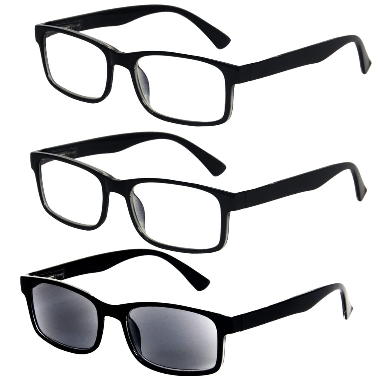 One Power Glasses Reading Sunglasses Quality Spring Hinge Readers, Auto Focus Adjust Eyeglasses For Men and Women, Black Square Frame 3 Pairs
