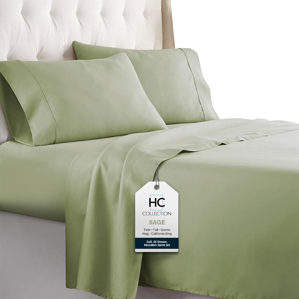 HC COLLECTION Bed Sheets Set Queen with 2 Pillowcases, Hotel Luxury Platinum 1800 Series Brushed Microfiber Deep Pocket Fitted Sheet, Fade Resistant Ultra Soft 4 Pcs Bedding for Hot Sleepers, Sage