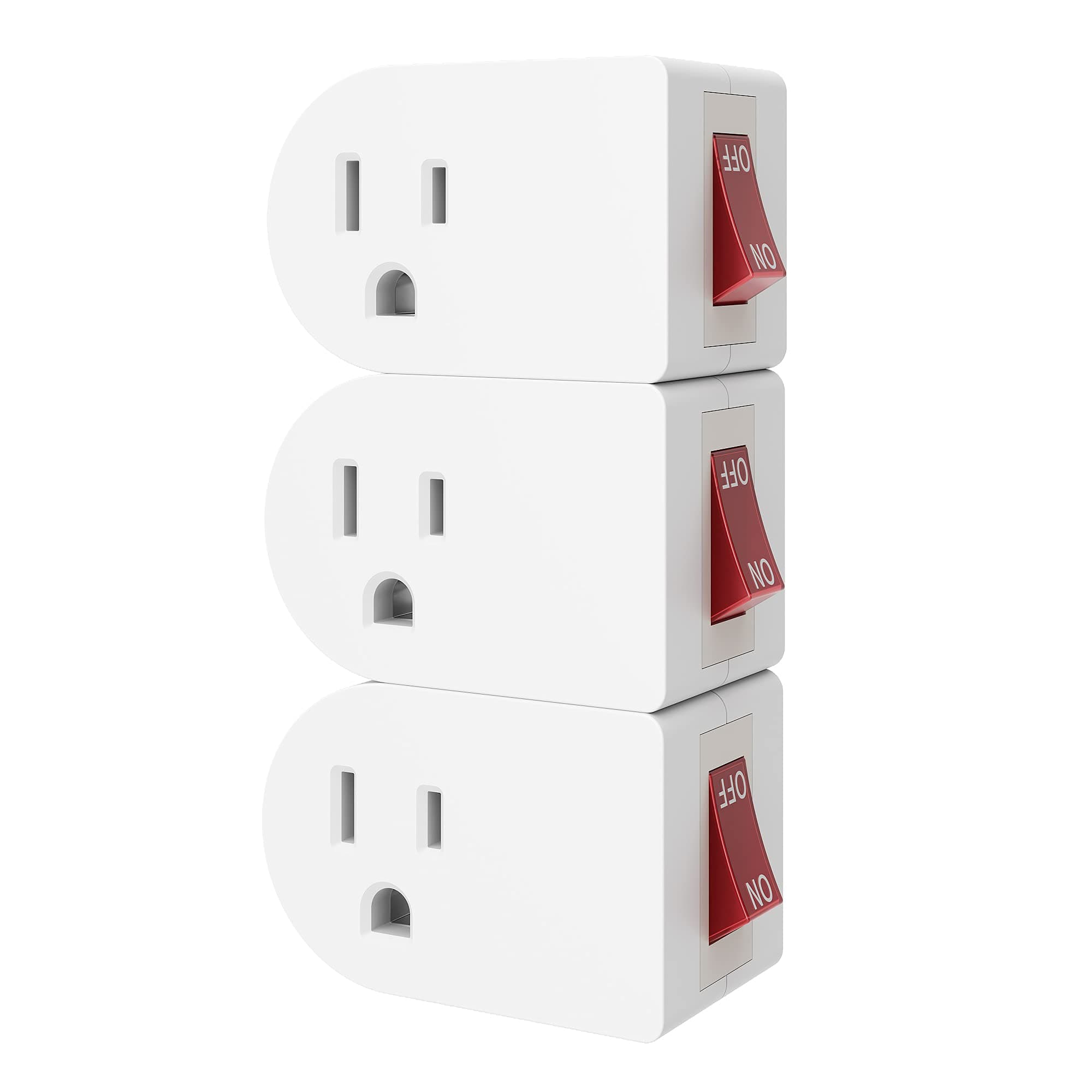 3 Pack Grounded Outlet Wall Tap Adapter with On/Off Power Switch，Single Outlet with Switch in White